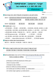 Comparer, ranger les nombres inférieur à 1 000 000 000 - Exercices de numération : 6ème Harmos - PDF à imprimer