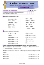 Unités de mesure de durées et leurs relations et conversions - Évaluation de grandeurs et mesures : 6ème Harmos - PDF à imprimer