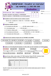 Encadrer et intercaler les nombres inférieur à 1 000 000 000 - Évaluation de numération : 6ème Harmos - PDF à imprimer