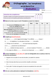 Les homophones grammaticaux - Fiches ou/où et dans/d’en - Évaluation d'orthographe : 6ème Harmos - PDF à imprimer