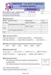 Lire, écrire et décomposer les nombres décimaux - Examen Evaluation de numération : 6ème Harmos - PDF à imprimer