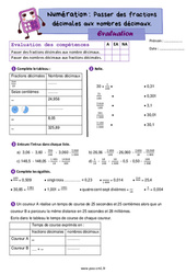 Passer des fractions décimales aux nombres décimaux et inversement - Examen Evaluation de numération : 6ème Harmos - PDF à imprimer