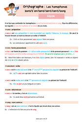 Les homophones grammaticaux - Fiches sans/s’en/sens/sent/cent/sang - Cours, Leçon d'orthographe : 6ème Harmos - PDF gratuit à imprimer