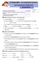 Les homophones lexicaux - Fiches point/poing - vent/vends/ vend - Évaluation d'orthographe : 6ème Harmos - PDF à imprimer