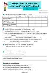 Les homophones lexicaux - Fiches point/poing - vent/vends/ vend - Exercices d'orthographe : 6ème Harmos - PDF à imprimer