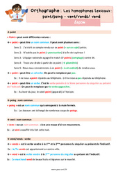 Les homophones lexicaux - Fiches point/poing - vent/vends/ vend - Cours, Leçon d'orthographe : 6ème Harmos - PDF gratuit à imprimer