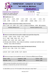 Comparer, ranger les nombres décimaux - Examen Evaluation de numération : 6ème Harmos - PDF à imprimer