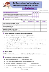 Les homophones lexicaux - Fiches vingt vin vain vins vint - Évaluation d'orthographe : 6ème Harmos - PDF à imprimer