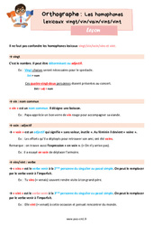 Les homophones lexicaux - Fiches vingt vin vain vins vint - Cours, Leçon d'orthographe : 6ème Harmos - PDF gratuit à imprimer