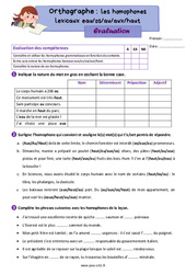 Les homophones lexicaux - Fiches eau os au aux haut - Évaluation d'orthographe : 6ème Harmos - PDF à imprimer