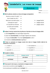 Les niveaux de langage - Exercices de vocabulaire : 6ème Harmos - PDF à imprimer