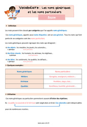 Les noms génériques et les noms particuliers - Cours, Leçon de vocabulaire : 6ème Harmos - PDF gratuit à imprimer