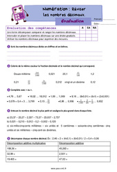 Les nombres décimaux (révision) - Examen Evaluation de numération : 6ème Harmos - PDF à imprimer