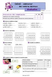 Additionner les nombres décimaux - Évaluation de calcul : 6ème Harmos - PDF à imprimer