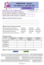 Les nombres inférieurs à 1 000 000 000 - Évaluation de numération : 6ème Harmos - PDF à imprimer