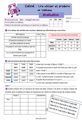 Lire utiliser et produire un tableau - Évaluation de calcul : 6ème Harmos - PDF à imprimer