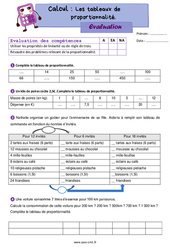 Les tableaux de proportionnalité - Évaluation sur l'organisation et gestion des données : 6ème Harmos - PDF à imprimer