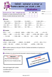 Multiplier ou diviser un nombre décimal par 10, 100, 1 000 - Évaluation de calcul : 6ème Harmos - PDF à imprimer