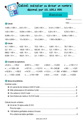 Multiplier ou diviser un nombre décimal par 10, 100, 1 000 - Exercices de calcul : 6ème Harmos - PDF à imprimer