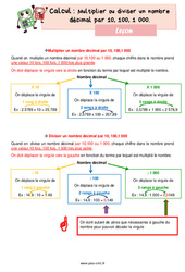 Multiplier ou diviser un nombre décimal par 10, 100, 1 000 - Cours, Leçon de calcul : 6ème Harmos - PDF gratuit à imprimer