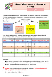 Nombres décimaux et mesures - Cours, Leçon de numération : 6ème Harmos - PDF gratuit à imprimer