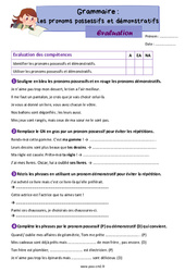 Les pronoms possessifs et démonstratifs - Évaluation de grammaire : 7ème Harmos - PDF à imprimer