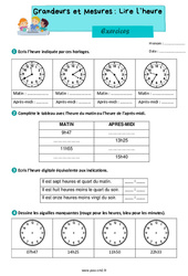 Lire l’heure - Exercices de grandeurs et mesures : 7ème Harmos - PDF à imprimer