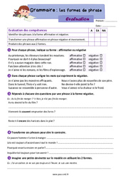 Les formes de phrase (affirmative et négative) - Évaluation de grammaire : 7ème Harmos - PDF à imprimer