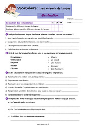 Les niveaux de langue - Évaluation de vocabulaire : 7ème Harmos - PDF à imprimer