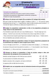 Les différentes propositions (subordonnées, juxtaposées, coordonnées) - Évaluation de grammaire : 7ème Harmos - PDF à imprimer