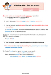 Les antonymes - Cours, Leçon de vocabulaire : 7ème Harmos - PDF gratuit à imprimer