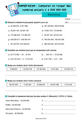 Ranger et comparer les nombres entiers inférieur à 1 000 000 000 - Exercices de numération : 7ème Harmos - PDF à imprimer