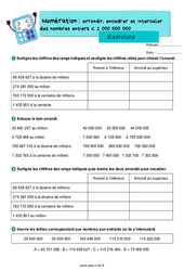 Arrondir, encadrer, intercaler les nombres entiers inférieur à 1 000 000 000 - Exercices de numération : 7ème Harmos - PDF à imprimer