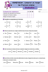 Comparer et ranger les fractions simples - Évaluation de numération : 7ème Harmos - PDF à imprimer