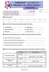 Lire, écrire et décomposer les nombres décimaux - Évaluation de numération : 7ème Harmos - PDF à imprimer