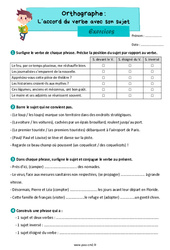 L’accord du verbe avec son sujet - Exercices d'orthographe : 7ème Harmos - PDF à imprimer