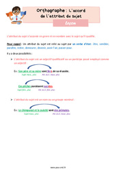 L’accord de l’attribut du sujet - Cours, Leçon d'orthographe : 7ème Harmos - PDF gratuit à imprimer