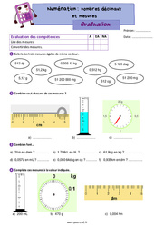 Nombres décimaux et mesures - Évaluation de numération : 7ème Harmos - PDF à imprimer