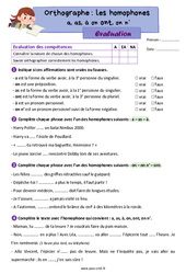 Les homophones a, as, à / on, ont, on n’ - Évaluation d'orthographe : 7ème Harmos - PDF à imprimer