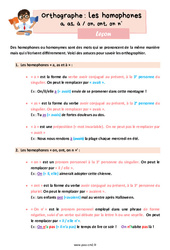 Les homophones a, as, à / on, ont, on n’ - Cours, Leçon d'orthographe : 7ème Harmos - PDF gratuit à imprimer