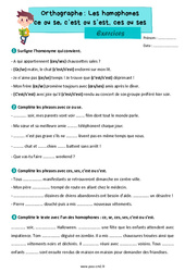 Les homophones grammaticaux - Fiches ce ou se, c est ou s est ces ou ses - Exercices d'orthographe : 7ème Harmos - PDF à imprimer