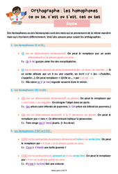 Les homophones grammaticaux - Fiches ce ou se, c est ou s est ces ou ses - Cours, Leçon d'orthographe : 7ème Harmos - PDF gratuit à imprimer