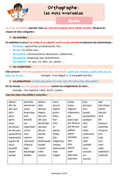 Les mots invariables - Cours, Leçon d'orthographe : 7ème Harmos - PDF gratuit à imprimer