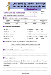 Convertir des unités de mesure de durées - Évaluation de grandeurs et mesures : 7ème Harmos - PDF à imprimer