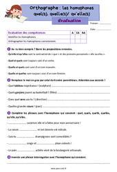 Homophones - Fiches quel(s)/ quelle(s)/ qu’elle(s) - Évaluation d'orthographe : 7ème Harmos - PDF à imprimer