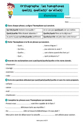 Homophones - Fiches quel(s)/ quelle(s)/ qu’elle(s) - Exercices d'orthographe : 7ème Harmos - PDF à imprimer