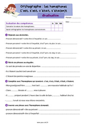 Homophones - Fiches C’est, s’est, c’était, s’étai(en)t - Évaluation d'orthographe : 7ème Harmos - PDF à imprimer