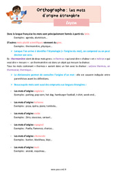 Les mots d’origine étrangère - Cours, Leçon d'orthographe : 7ème Harmos - PDF gratuit à imprimer