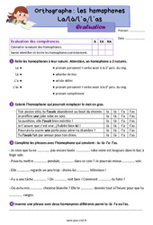 Les homophones grammaticaux - Fiches la, là, l’a, l’as - Évaluation d'orthographe : 7ème Harmos - PDF à imprimer