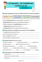 Les homophones grammaticaux - Fiches la, là, l’a, l’as - Exercices d'orthographe : 7ème Harmos - PDF à imprimer